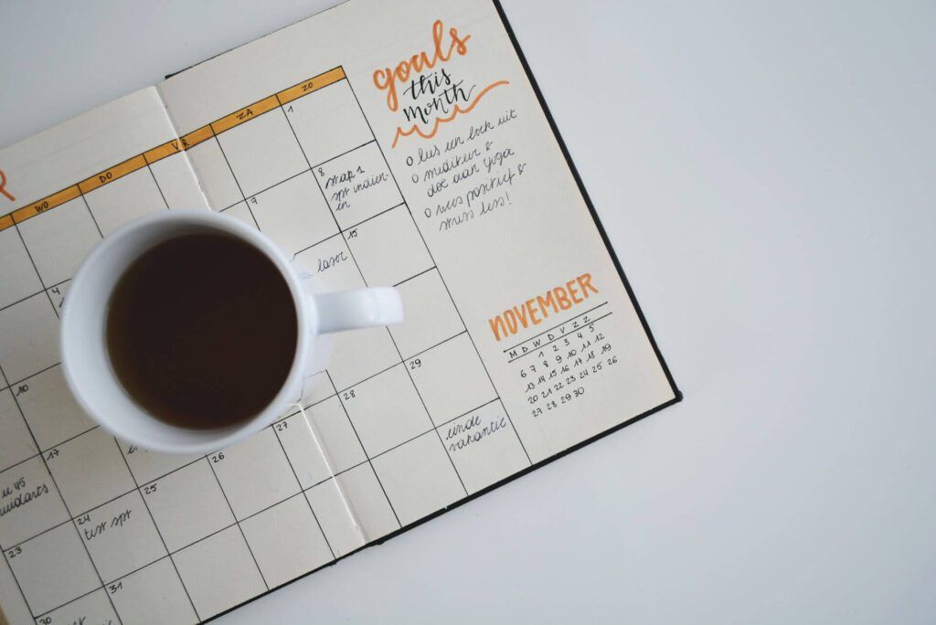 A calendar listing monthly goals.