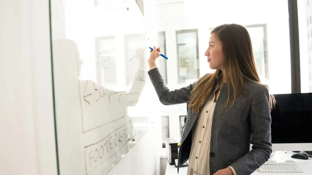 A person writing on a whiteboard about their E2 visa senior care franchise